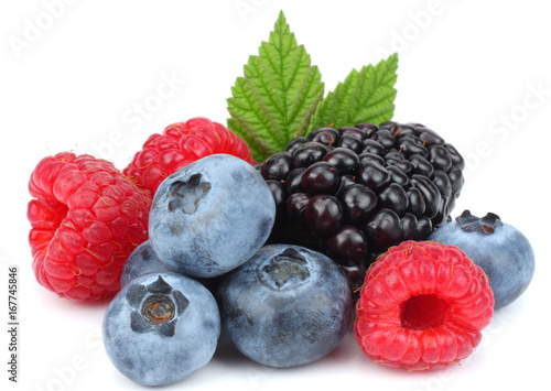 mix of blueberries, blackberries, raspberries isolated on white background