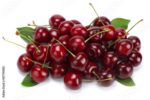 cherries with green leaf isolated on white background.