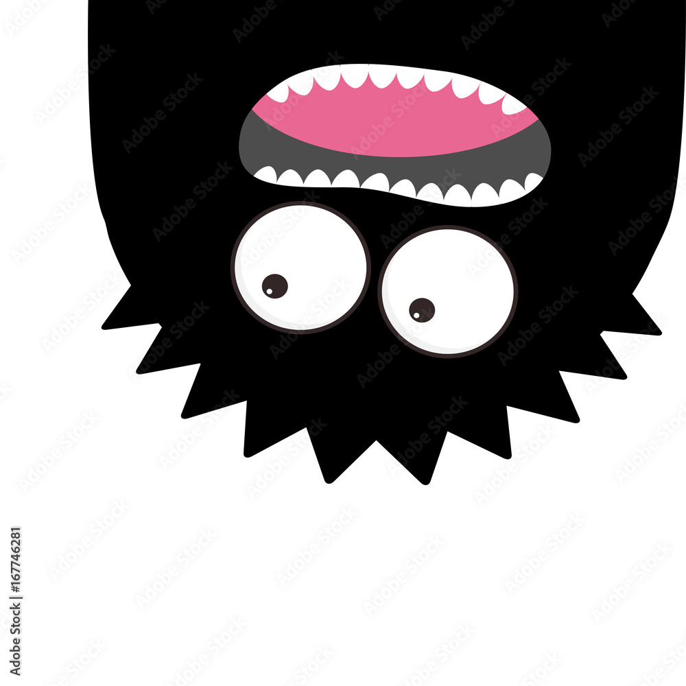 Monster head silhouette. Two eyes, teeth, tongue. Hanging upside down. Black color. Funny Cute cartoon character. Baby collection. Happy Halloween card. Flat design. White background. Monster head silhouette. Two eyes, teeth, tongue. Hanging upside down. Black color. Funny Cute cartoon character. Baby collection. Happy Halloween card. Flat design. White background.