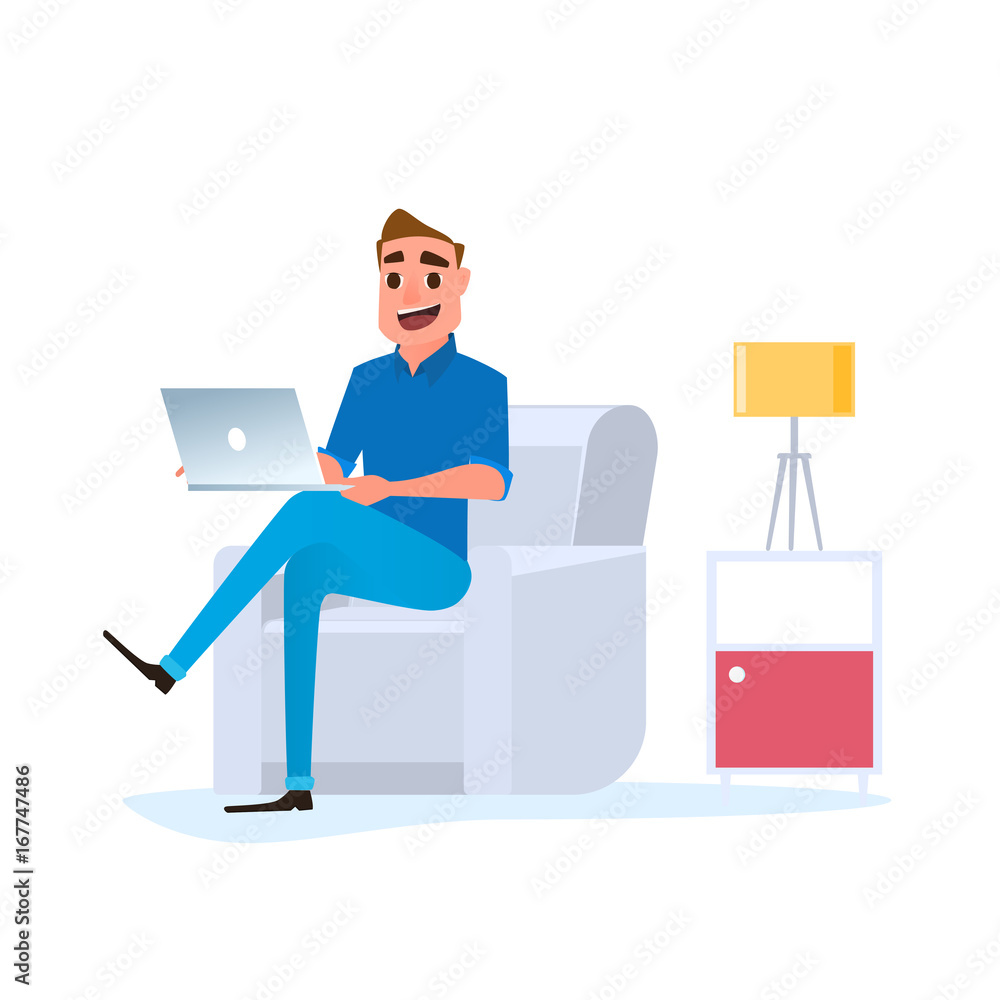 Freelancer work at home concept. Man working at home with laptop on sofa. Freelancer work at home concept. Man working at home with laptop on sofa.