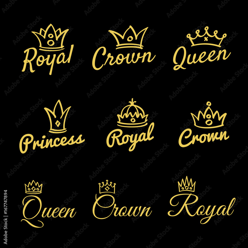 Sketch queen crowns and hand drawn princess diadem vector beauty and fashion shopping logo set Sketch queen crowns and hand drawn princess diadem vector beauty and fashion shopping logo set