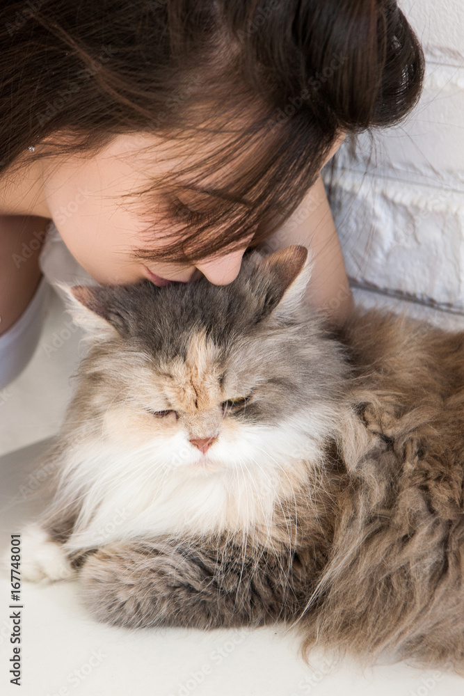 Close up of young brunette woman kisses top of her cat's head. Charming family pets and people's love to them