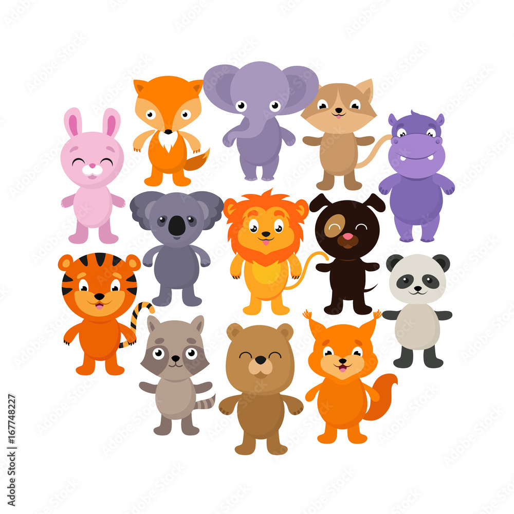 Fototapeta premium Forest, savana and jungle baby animals. Cartoon vector character set
