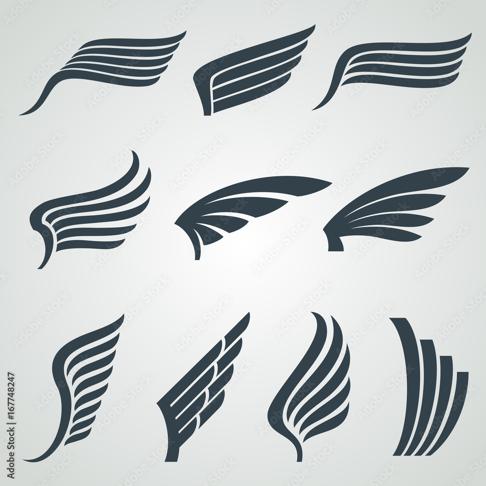 Fototapeta premium Eagle and angel wings icons. Flight vector heraldic symbols isolated