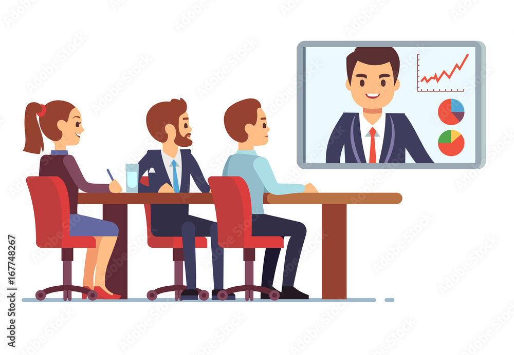 Video meeting in office boardroom with ceo and employees. Business teamwork and digital online communication vector concept Video meeting in office boardroom with ceo and employees. Business teamwork and digital online communication vector concept