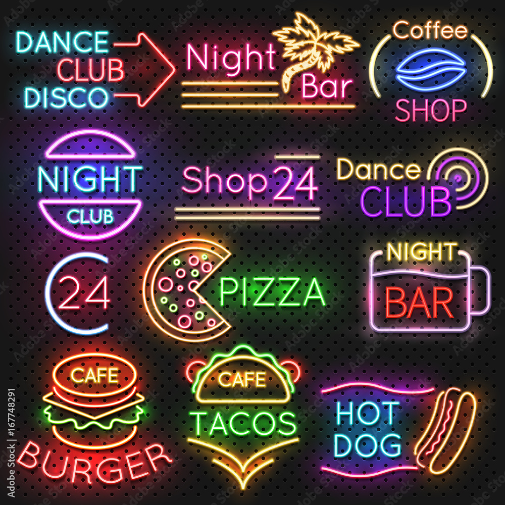 Bright roadside neon signs. Fast food and beer pub light vector icons