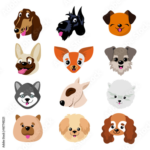 Funny cartoon dog faces. Cute puppy animal vector set