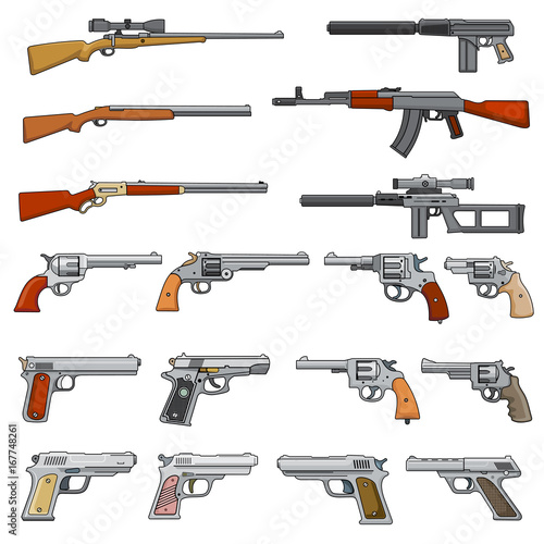 Various rifle, guns and pistols cartoon vector weapons icons