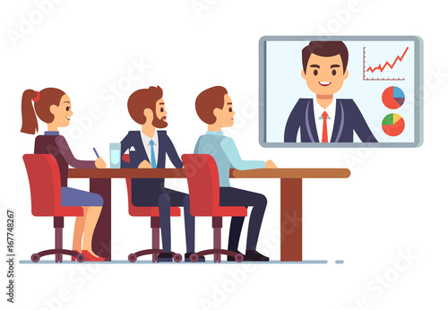 Video meeting in office boardroom with ceo and employees. Business teamwork and digital online communication vector concept