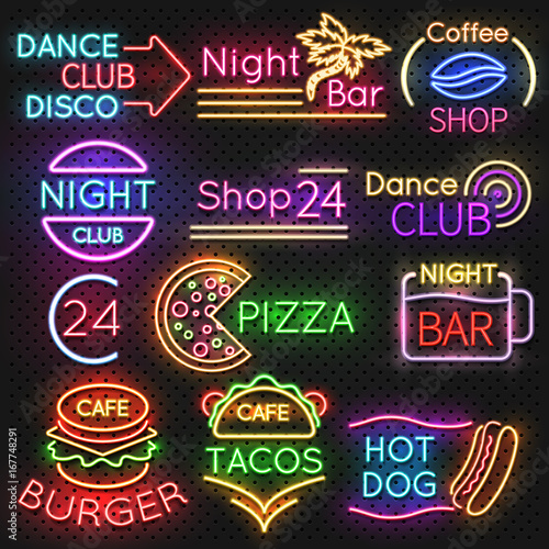 Bright roadside neon signs. Fast food and beer pub light vector icons