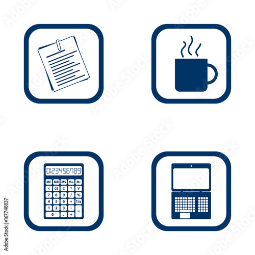 flat design icons office set - document, cup, calculator and laptop