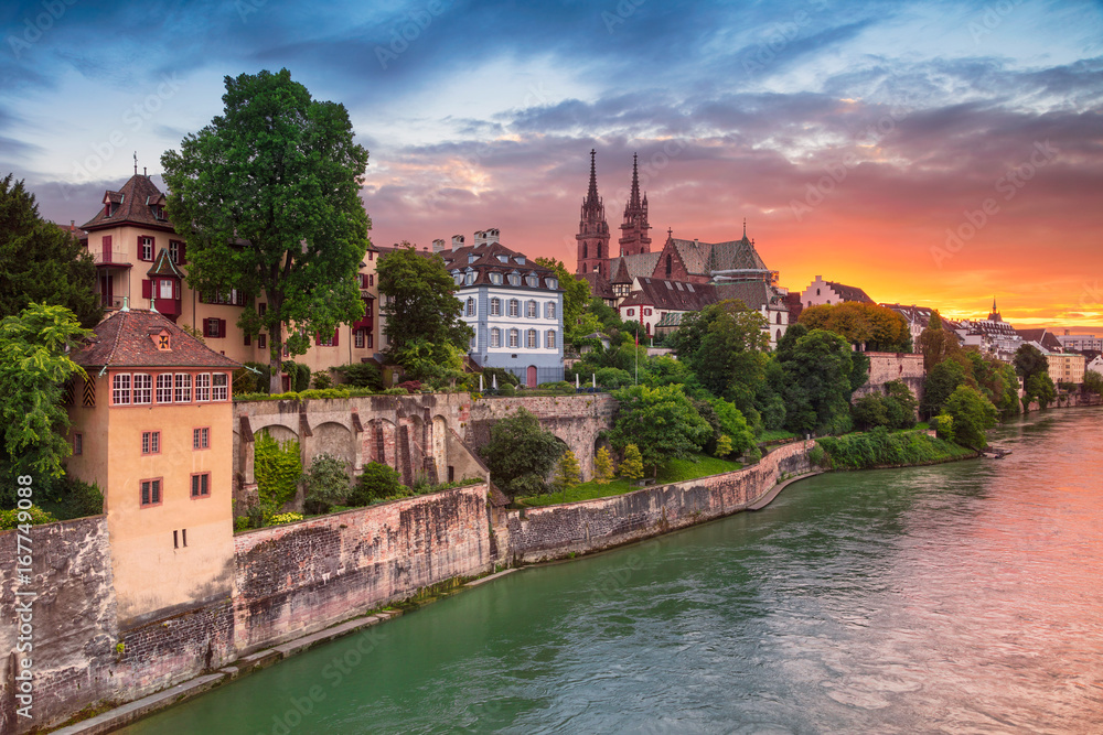 Basel. Cityscape image of Basel, Switzerland during dramatic sunset. - obrazy, fototapety, plakaty 