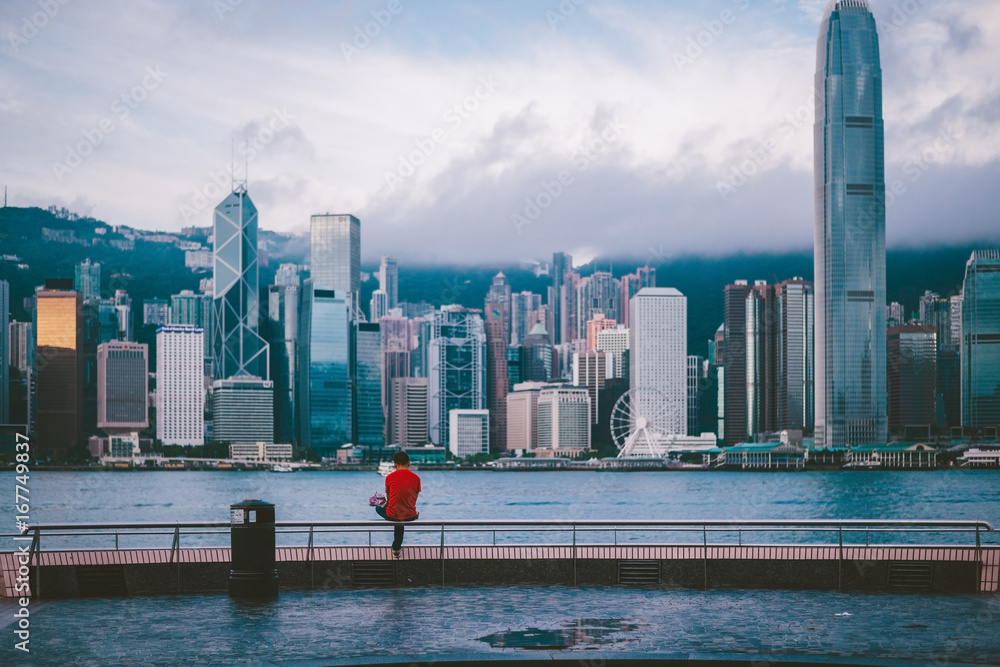 Fototapeta premium Hong kong city view from Victoria harbour, Travel concept background, vintage tone.