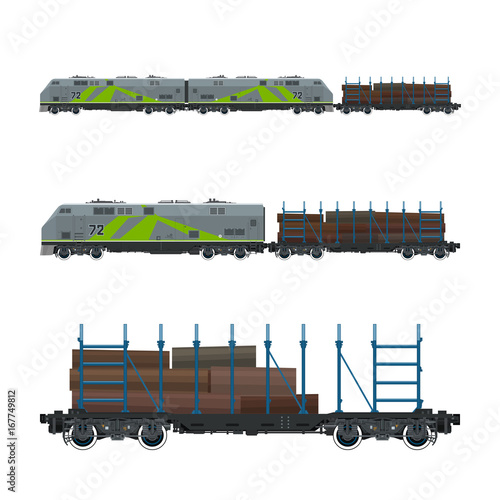 Green Locomotive with Railway Platform for Timber Transportation, Train, Railway and Cargo Transport, Vector Illustration