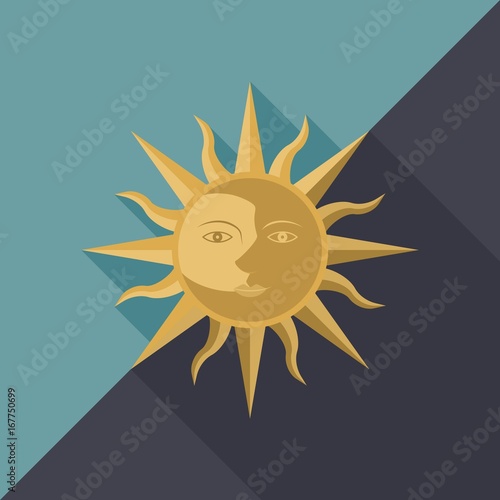Combination of sun, moon and star with face, icon for use as day and night or equinox, flat design