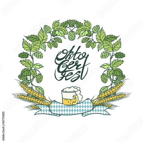 Vector isolated sketch retro illustration Oktoberfest. Mug beer, wreath frame from hops and ear of wheat. Ribbon with pattern of rhombuses. Lettering the inscription in circle. Emblem of the holiday