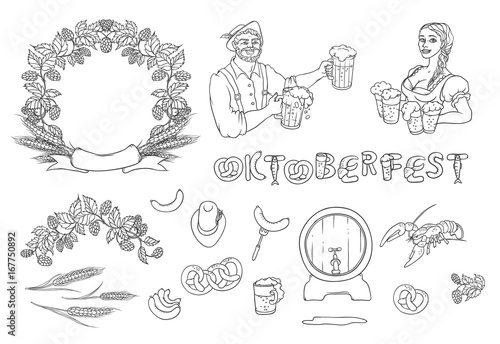 Vector black and white set Oktoberfest. Isolated sketch illustration of man and woman in national costumes with mugs beer, sausage, pretzels, wreath frame from hops and ear of wheat.