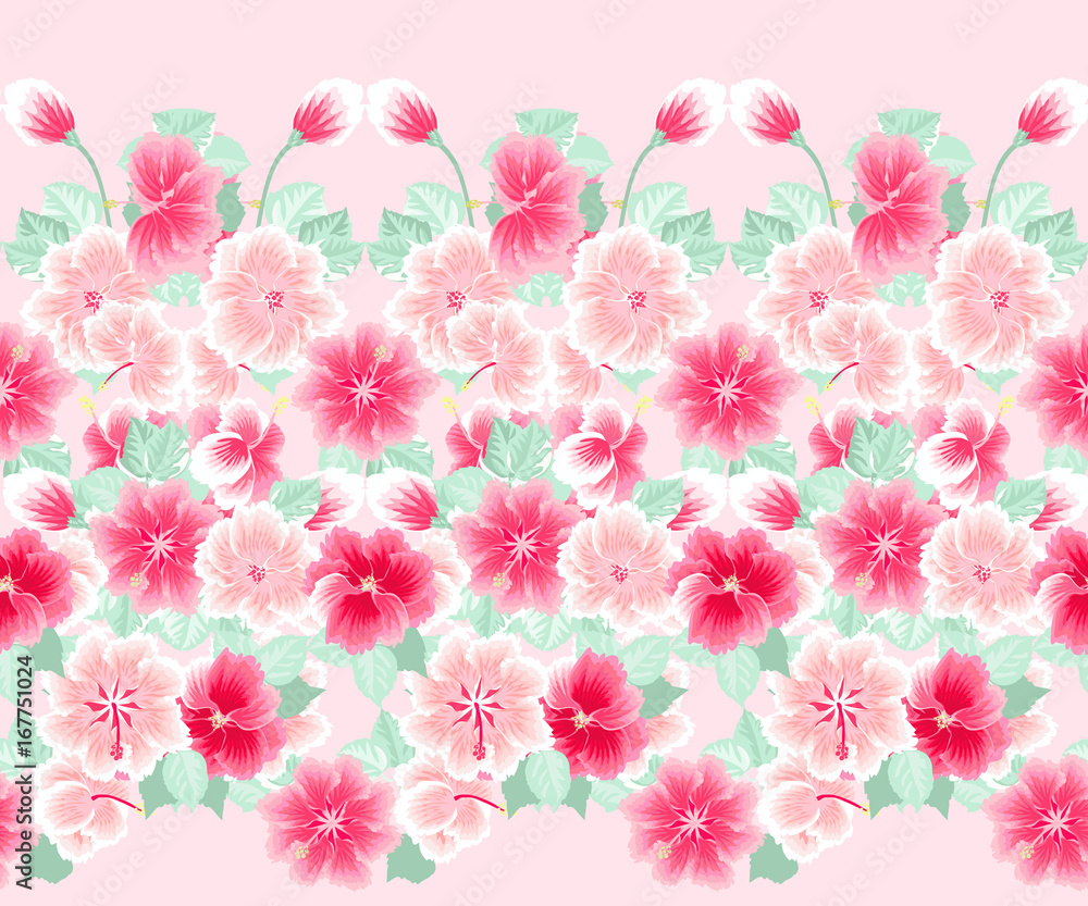 Seamless gorgeous border in tropical flowers of hibiscus. Floral exotic background for textile, wallpaper, pattern fills, covers, surface, print, gift wrap, scrapbooking, decoupage.