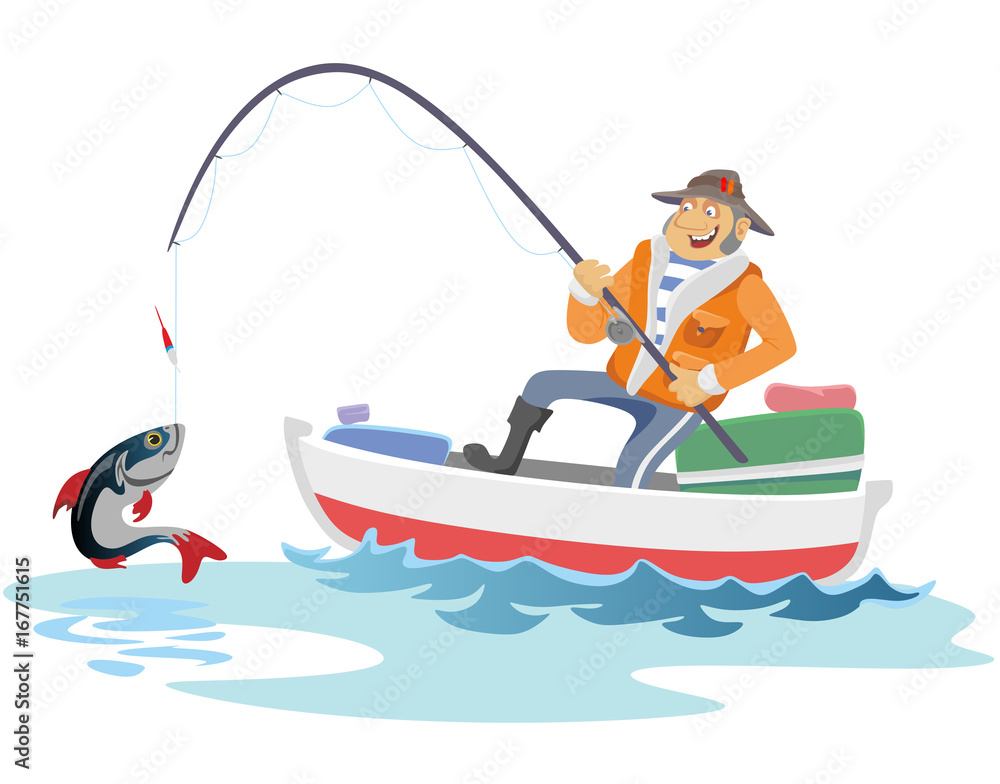 Flat fisherman hat sits on boat with trolling fishing rod in hand and  catches bucket, Fishman crocheted spin into the sea waiting big fish funny  vector illustration, Man active banner concept. Stock