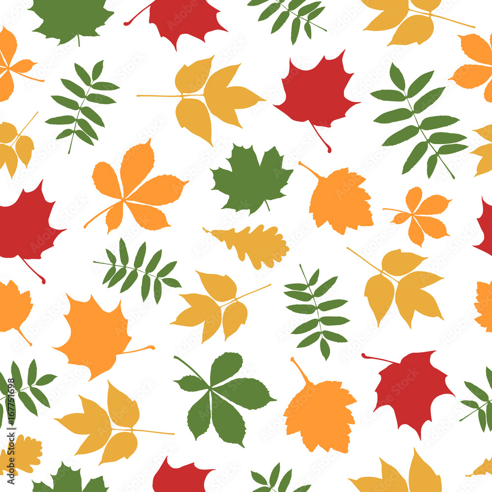 Seamless pattern of colorful leaf silhouettes on white background. Seamless pattern of colorful leaf silhouettes on white background.
