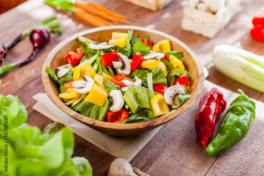 vegetable salad bowl on kitchen table, balanced diet vegetable salad bowl on kitchen table, balanced diet