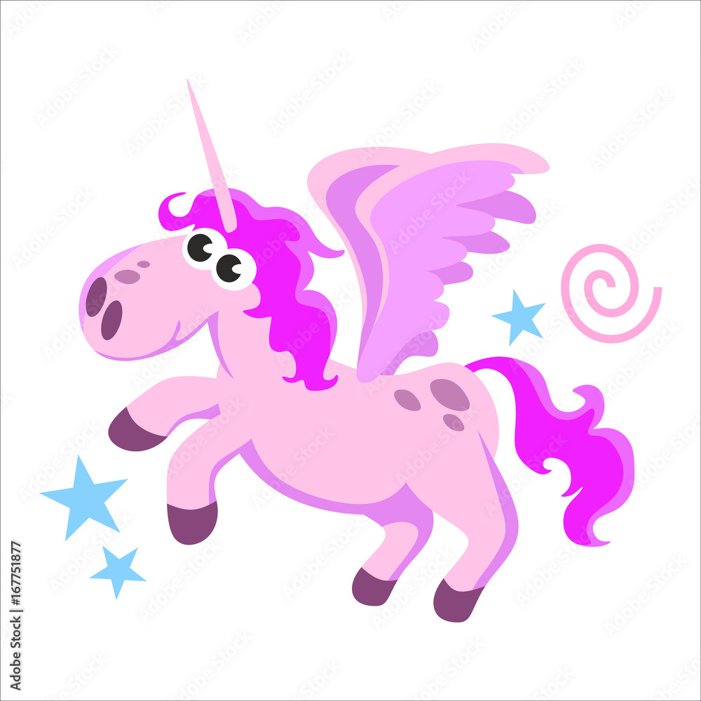 cute unicorn isolated set, magic pegasus flying with wing and horn on rainbow, fantasy horse vector illustration, myth creature dreaming on white background