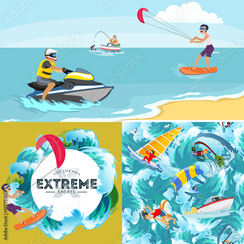 Set of water extreme sports backgrounds, isolated design elements for summer vacation activity fun concept, cartoon wave surfing, sea beach vector illustration, active lifestyle adventure © anutaberg