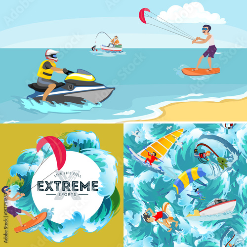 Set of water extreme sports backgrounds, isolated design elements for summer vacation activity fun concept, cartoon wave surfing, sea beach vector illustration, active lifestyle adventure