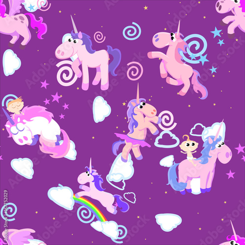 cute unicorn seamless pattern, magic pegasus flying with wing and horn on rainbow, fantasy horse vector illustration, myth creature dreaming background.