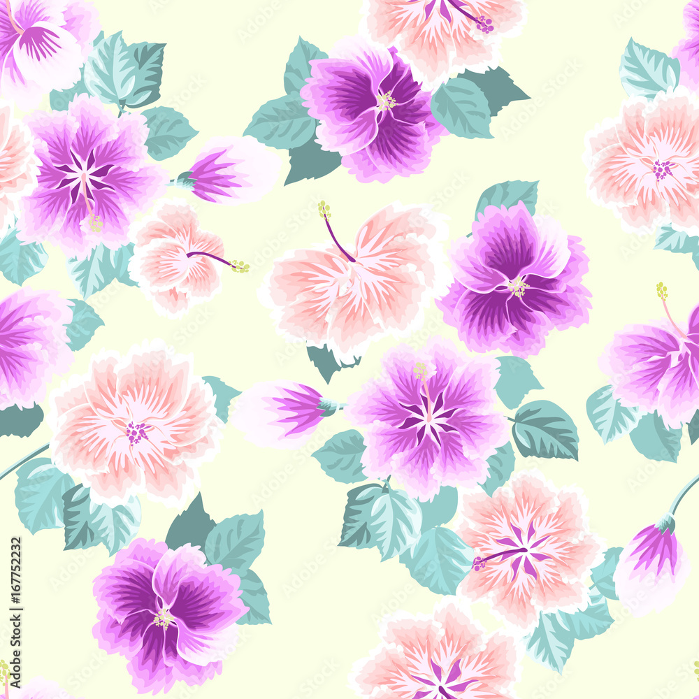 Seamless gorgeous pattern in tropical flowers of hibiscus. Floral exotic background for textile, wallpaper, pattern fills, covers, surface, print, gift wrap, scrapbooking, decoupage.