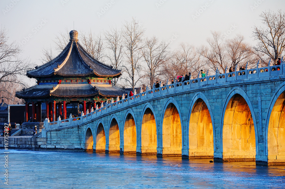 The summer palace and seventeen arch bridge scenery in Beijing,China.