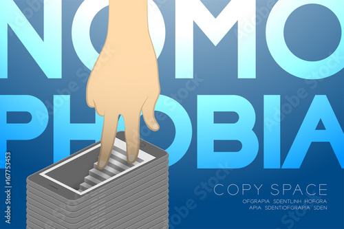 Nomophobia syndrome smartphone addiction concept isometric flat design, hand finger walking into smartphone illustration isolated on blue gradient background, with copy space