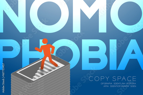 Nomophobia syndrome smartphone addiction concept isometric flat design, pictogram man icon red color walking into smartphone illustration isolated on blue gradient background, with copy space