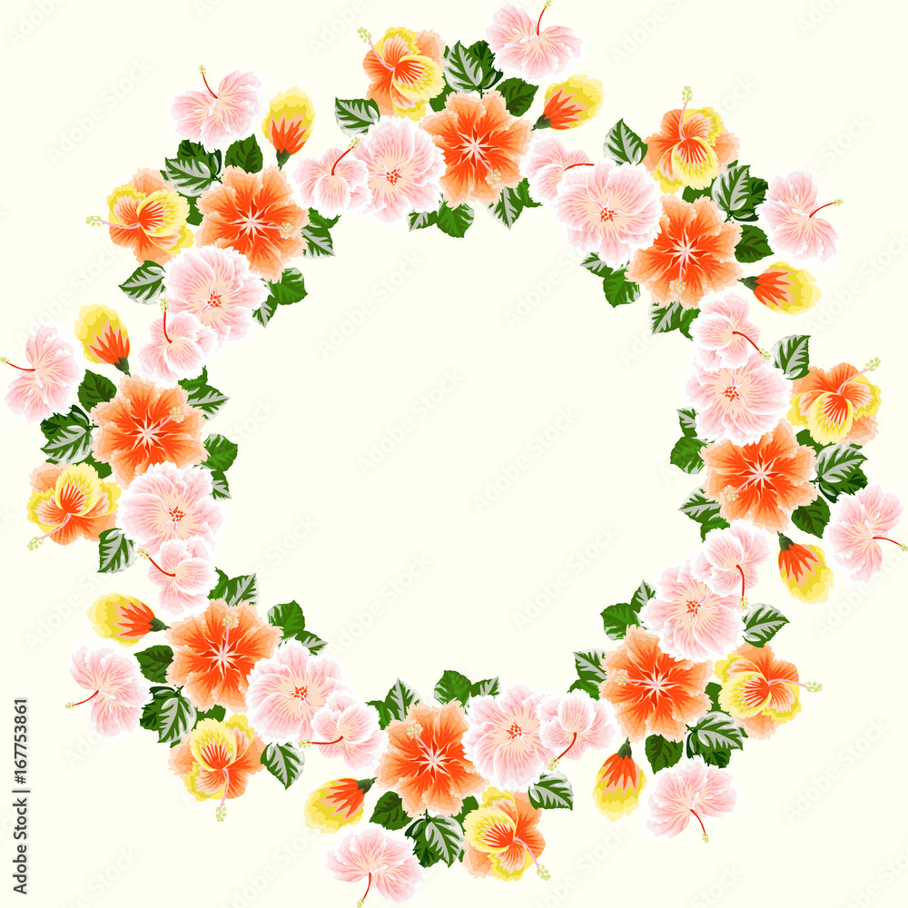 Fototapeta premium Floral round frame from cute flowers of hibiscus. Vector greeting card template. Design artwork for the poster, tee shirt, pillow, home decor. Tropical flowers with green leaves.