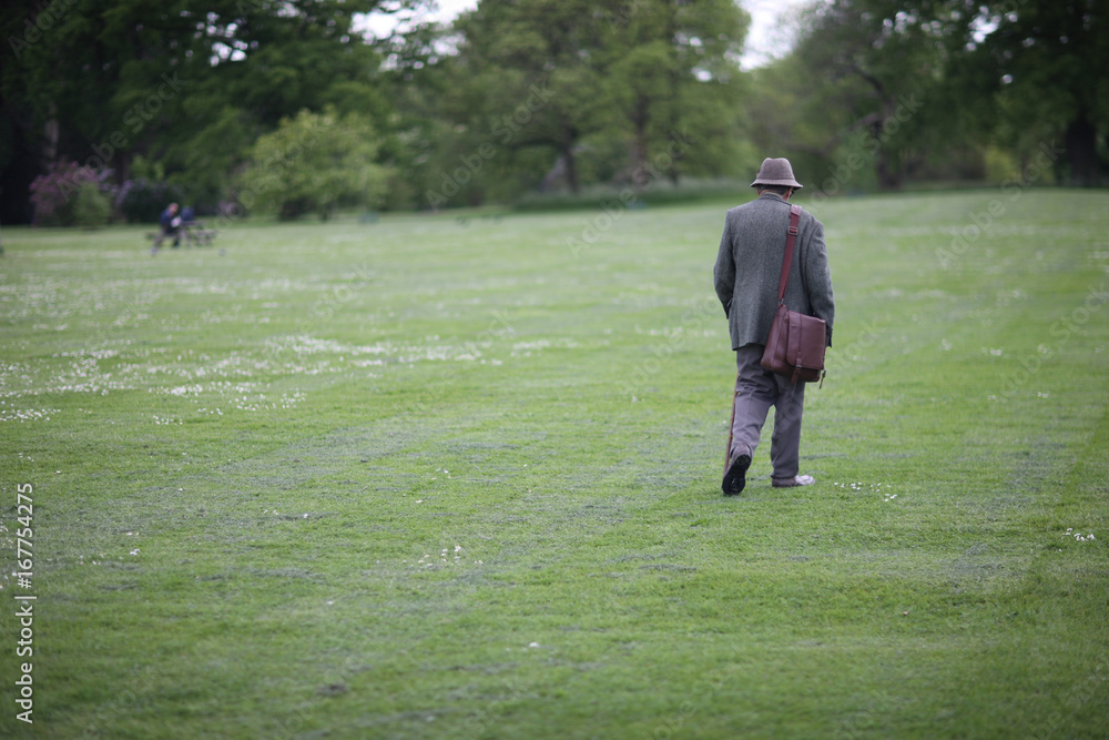 A lonely man in a hat walks along the green field