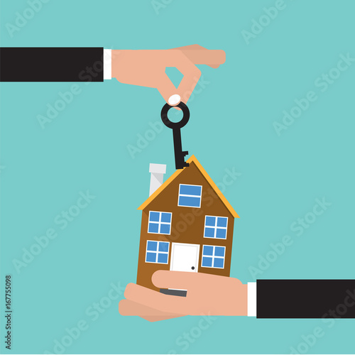 Hand Give Key And Home. House Buying. Real Estate Concept Vector