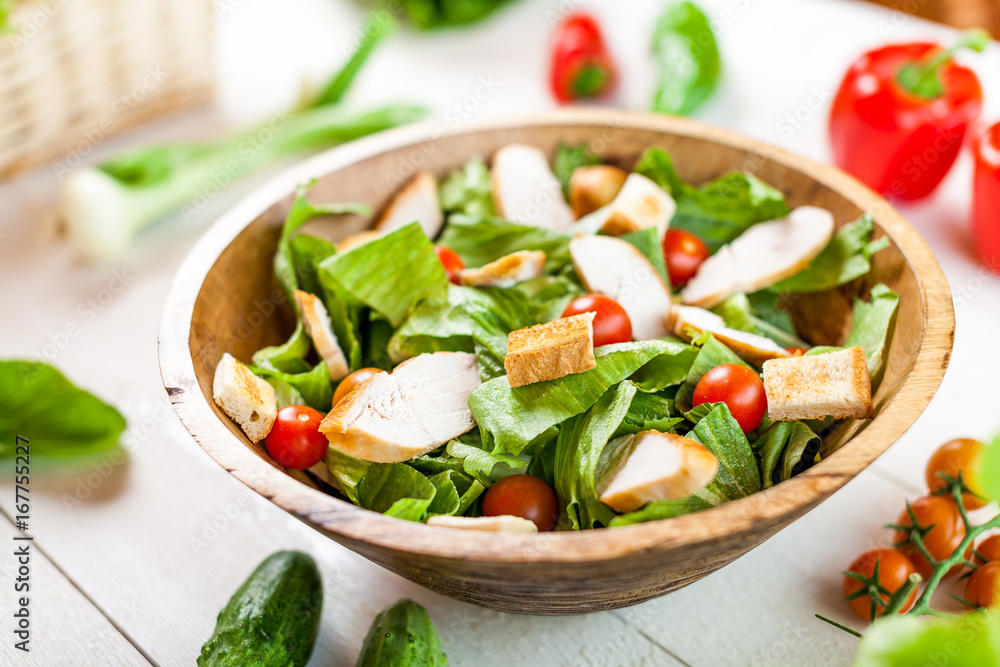 chicken salad bowl on kitchen table, balanced diet chicken salad bowl on kitchen table, balanced diet