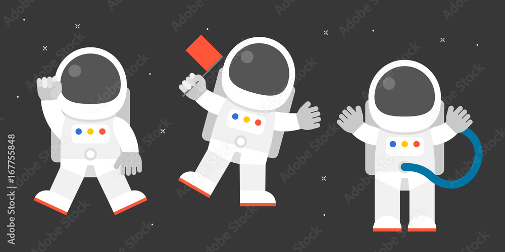 Obraz premium cute astronaut in various post, holding flag, say greeting, flat design vector illustration