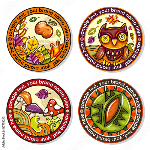 Vector set of Seasonal Autumn round drink coasters for cold, hot beverages. Cartoon fall designs for bar, pub, coffee shop, to place tea mug or beer bottle. Laves, nuts, owls, mushrooms and chestnuts
