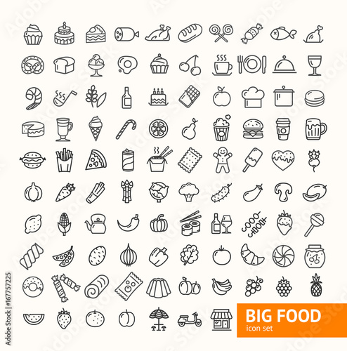 Big Food Black Thin Line Icon Set. Vector