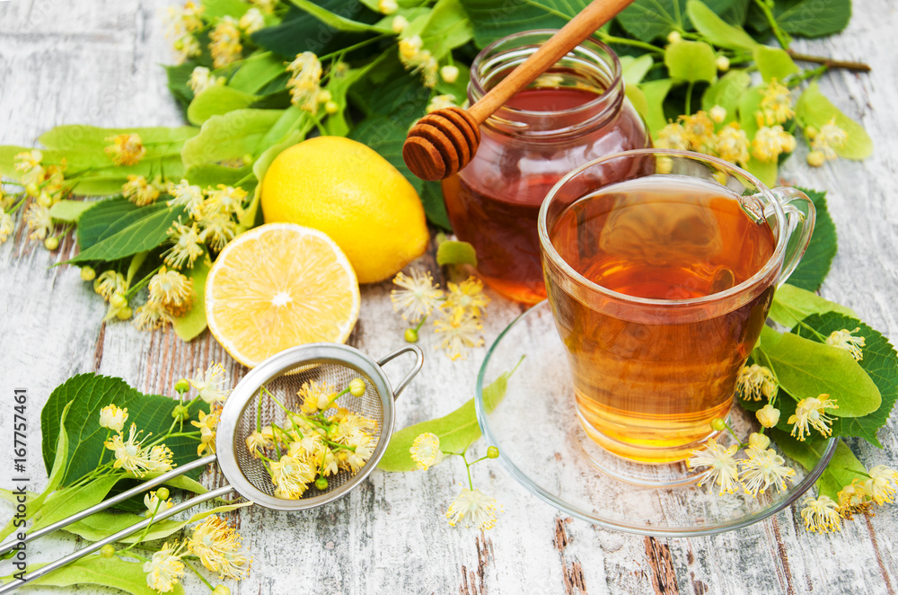 cup of herbal tea with linden flowers