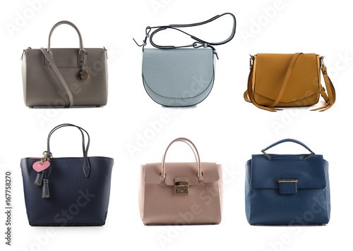 group of color leather women handbags isolated on white background