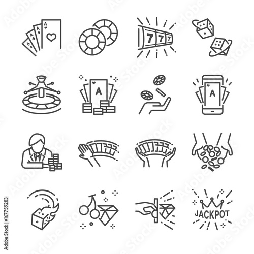 Casino and gamble line icon set. Included the icons as cards, dice , lotto, poker, slot machine, jackpot and more.