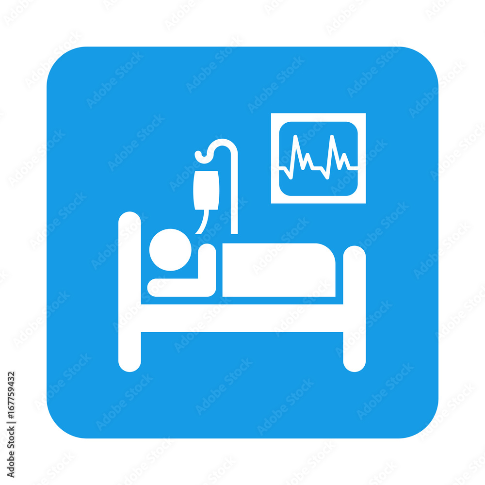 Icono plano enfemo en hospital en cuadrado azul Icono plano enfemo en hospital en cuadrado azul