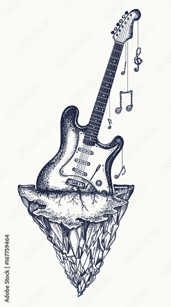 Vector Illustration With An Electric Guitar And Human Skull ,revolver,  Roses And Music Notes Tattoo And T-shirt Design. Symbol Of Rock, Musical  Festivals Royalty Free SVG, Cliparts, Vectors, and Stock Illustration. Image