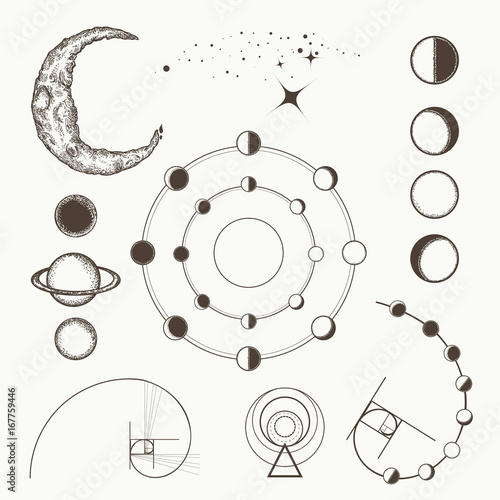Astrology and alchemy, symbols and signs of astrology, lunar phases, esoteric planets, moon, golden ratio. Sacral geometry hand drawn medieval elements collection