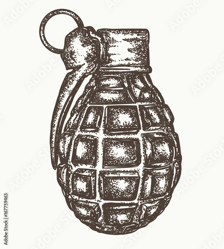 Grenade. Single unexploded metal grenade with round pin over isolated. Hand grenade hand drawn vector