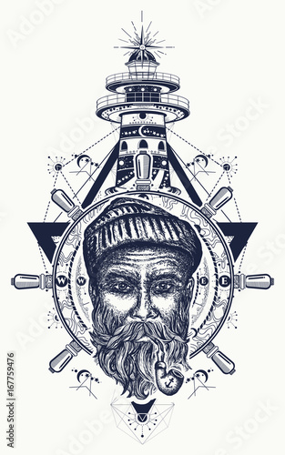 Old sailor, anchor, steering wheel, compass, lighthouse, tattoo art. Symbol of maritime adventure, tourism, travel. Old anchor, sea wolf and lighthouse t-shirt design