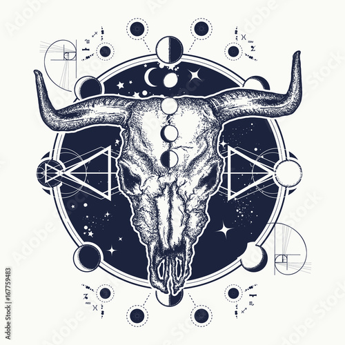 Bison skull tattoo. Native American bull skull symbol of secret knowledge, Shamanism. Soul of prairies against background of the Universe tattoo and t-shirt design