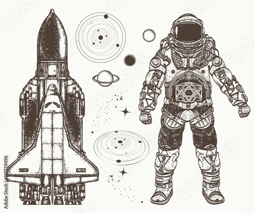 Space hand drawn collection. Astronaut, spaceship, solar system, planets.Astronaut and space shuttle tattoo and t-shirt design